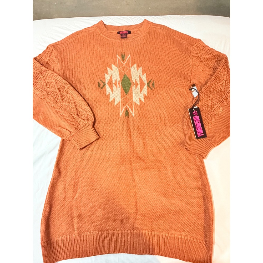 Rock and Roll Denim Women XL Orange Southwestern Cable Sleeve Sweater Dress